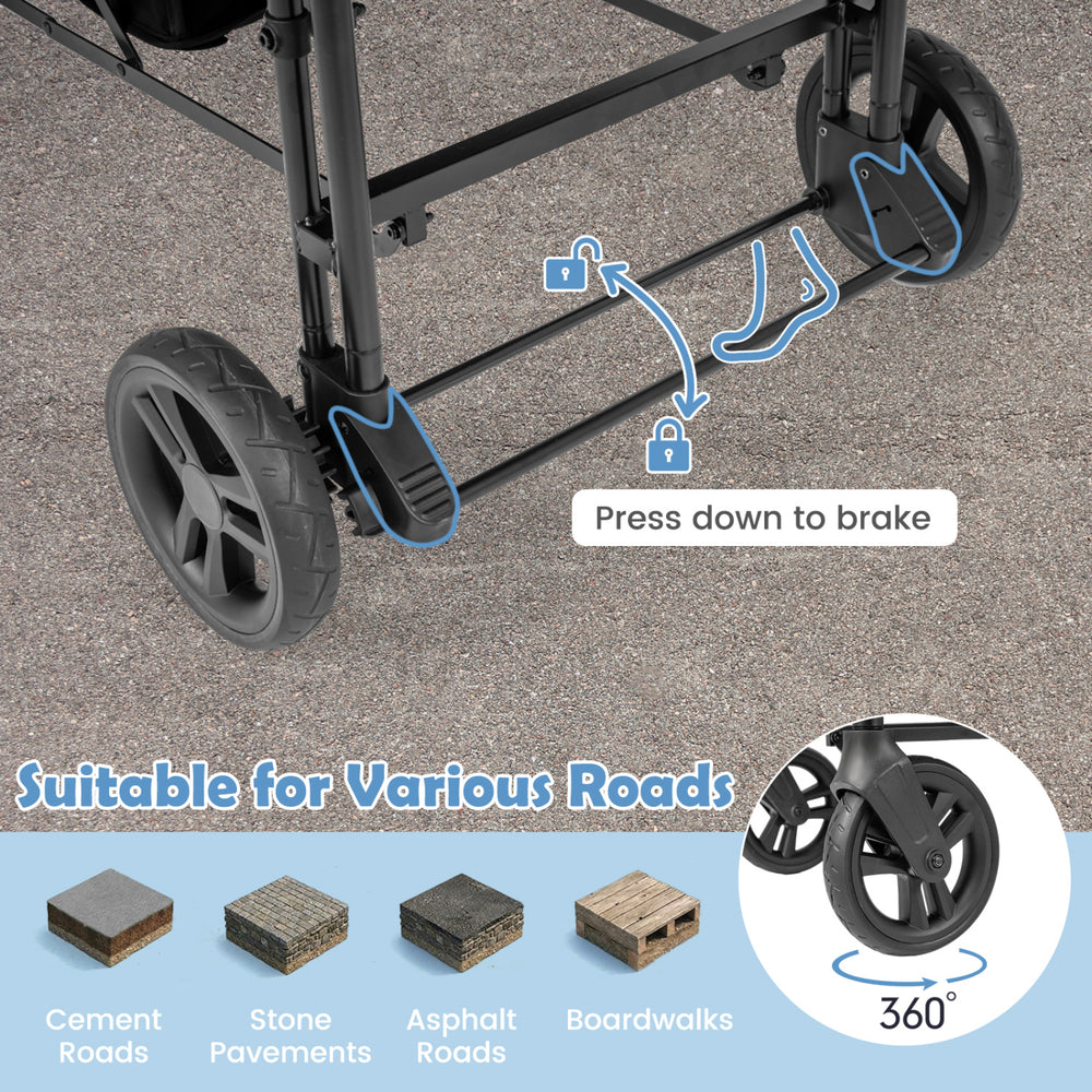 Foldable wagon stroller for 2 kids with adjustable handles and rear brake, suitable for various road types.