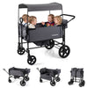 Foldable gray wagon stroller for 4 kids features adjustable canopy, removable sides, and multiple modes for versatile use.