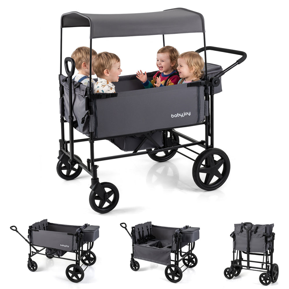Foldable gray wagon stroller for 4 kids features adjustable canopy, removable sides, and multiple modes for versatile use.