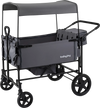 Foldable gray wagon stroller for 4 kids features a removable canopy, adjustable handles, and ample storage space.