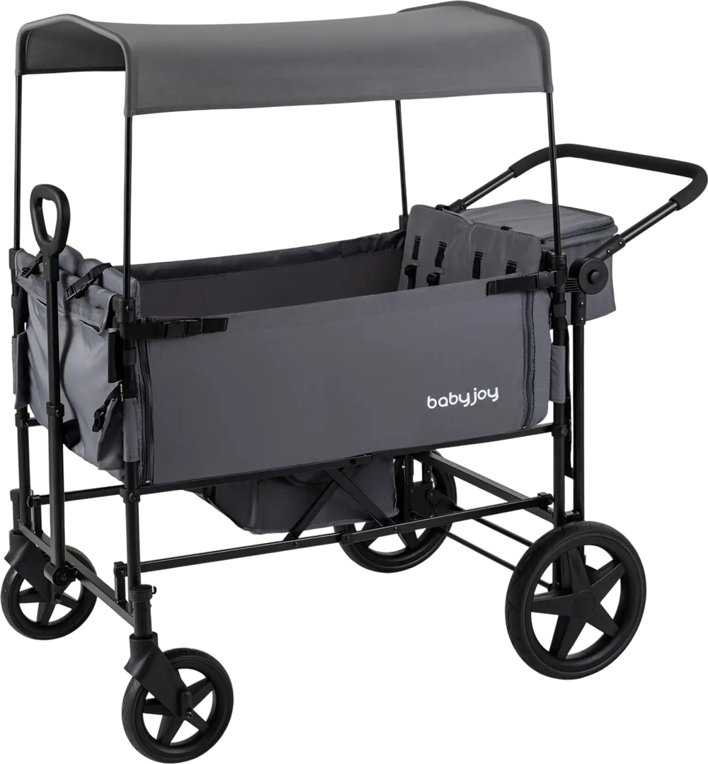 Foldable gray wagon stroller for 4 kids features a removable canopy, adjustable handles, and ample storage space.