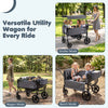 Foldable wagon stroller in gray with removable canopy, featuring stroller, wagon, and bench modes for versatile use.