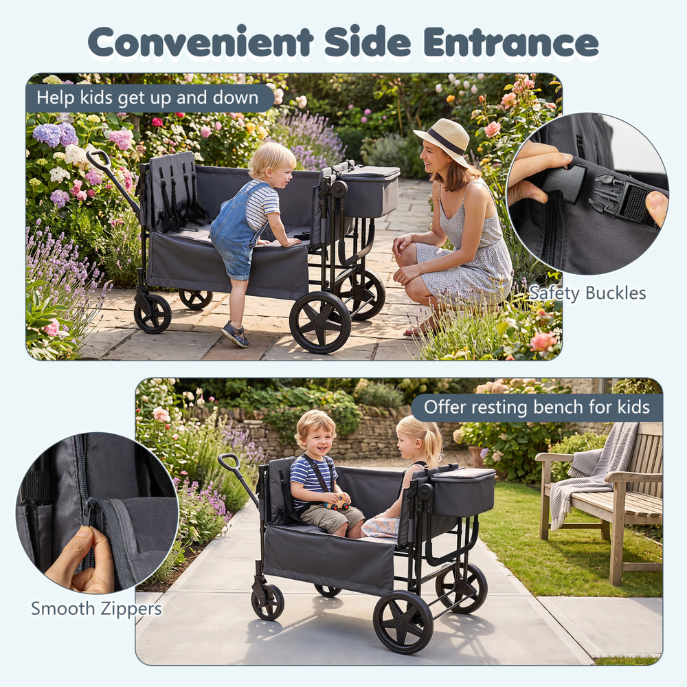 Foldable gray wagon stroller for 4 kids features a convenient side entrance and adjustable push handle for comfort.