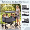 Foldable gray wagon stroller for 4 kids with adjustable canopy, suitable for various terrains and easy storage.