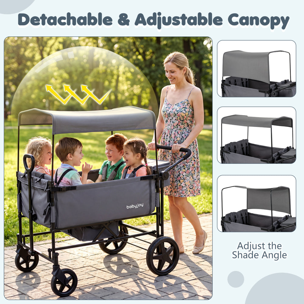 Foldable gray wagon stroller for 4 kids with adjustable canopy, suitable for various terrains and easy storage.