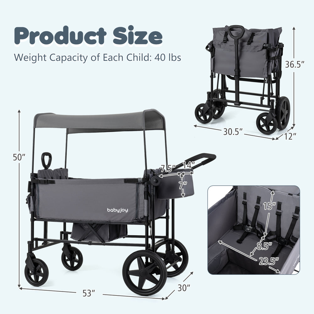 Foldable gray wagon stroller for 4 kids features removable canopy, adjustable handles, and multiple modes for versatile use.
