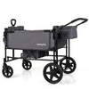 Foldable gray wagon stroller for 4 kids features adjustable push handle, removable canopy, and convenient storage pockets.
