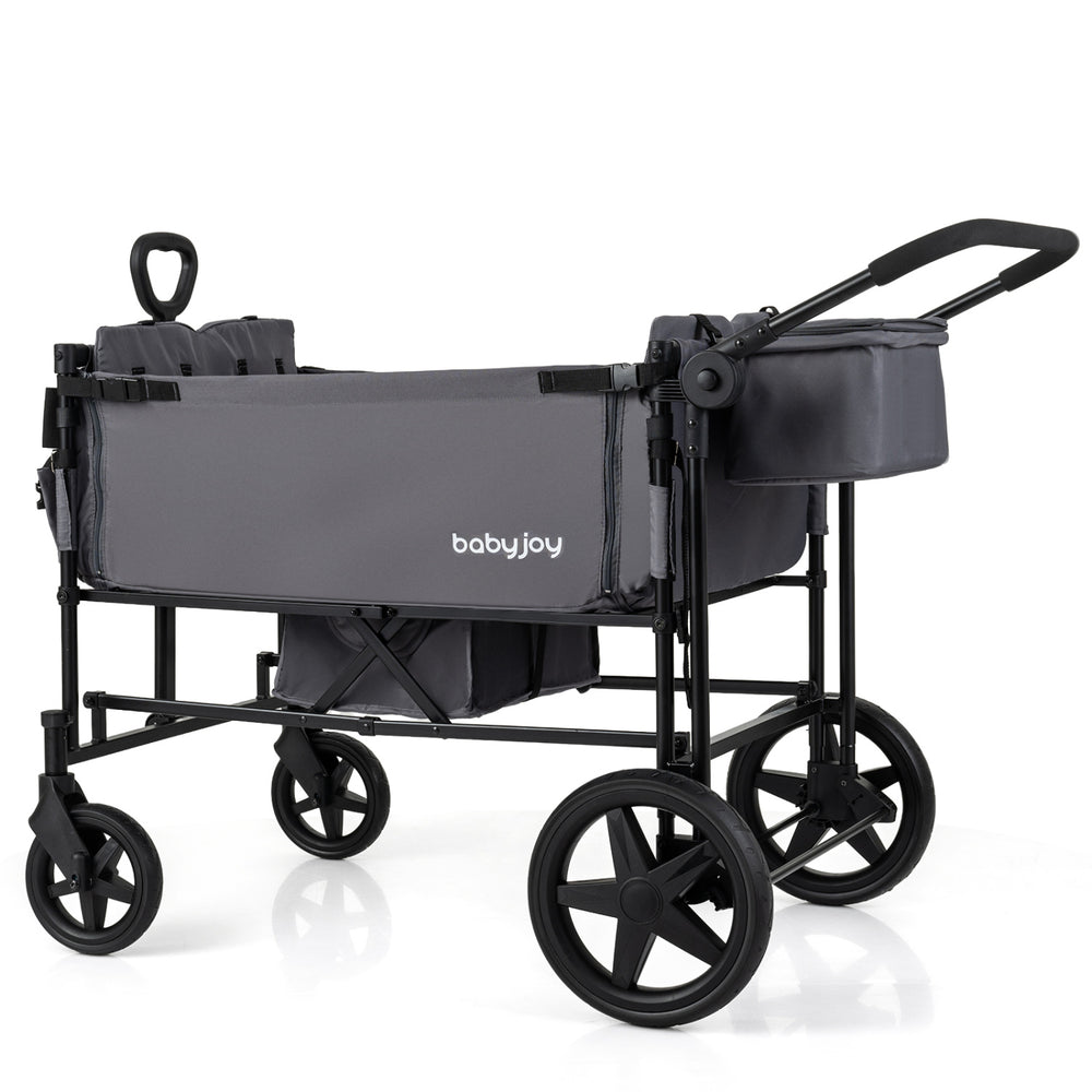 Foldable gray wagon stroller for 4 kids features adjustable push handle, removable canopy, and convenient storage pockets.