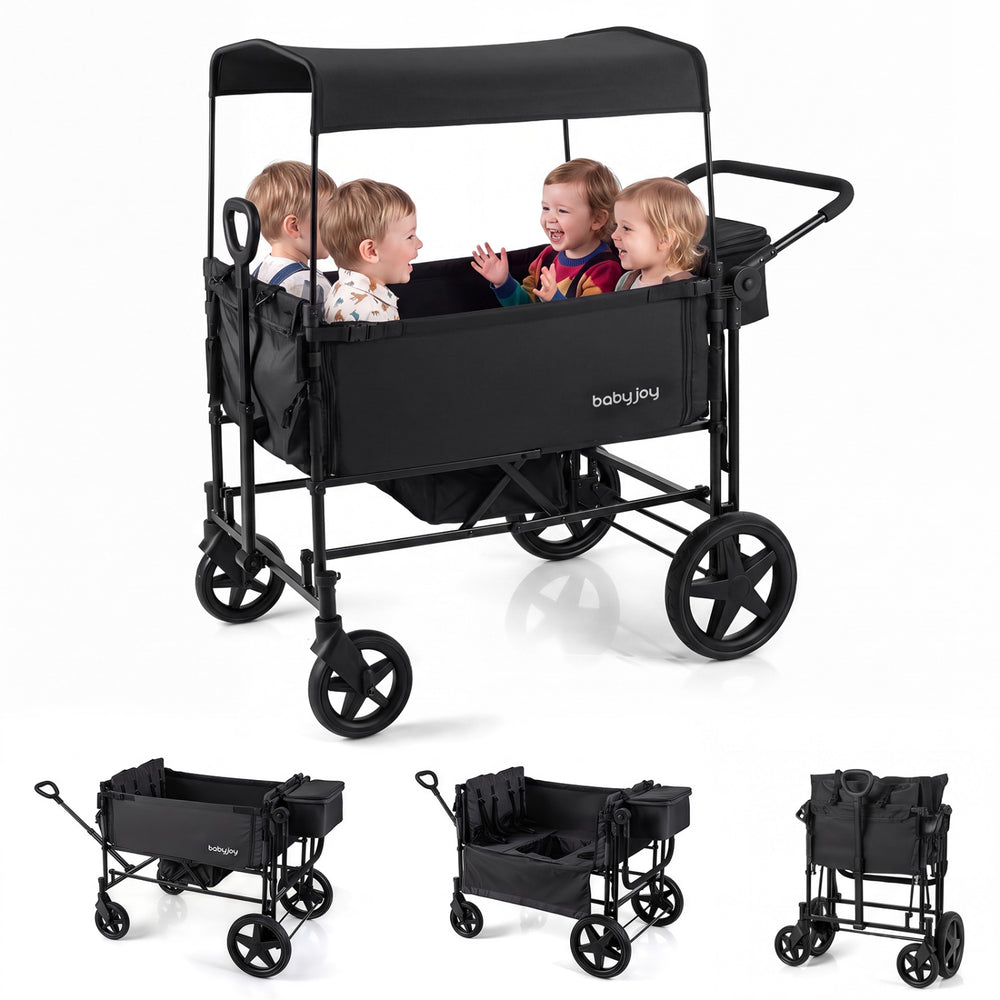 Foldable Wagon Stroller for 4 Kids with Removable Canopy and Adjustable Push-Black - Gallery View 1 of 10