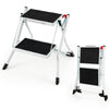 Folding 2 step ladder with anti-slip pedals, heavy-duty metal frame, and large foot pads for secure use in tight spaces.