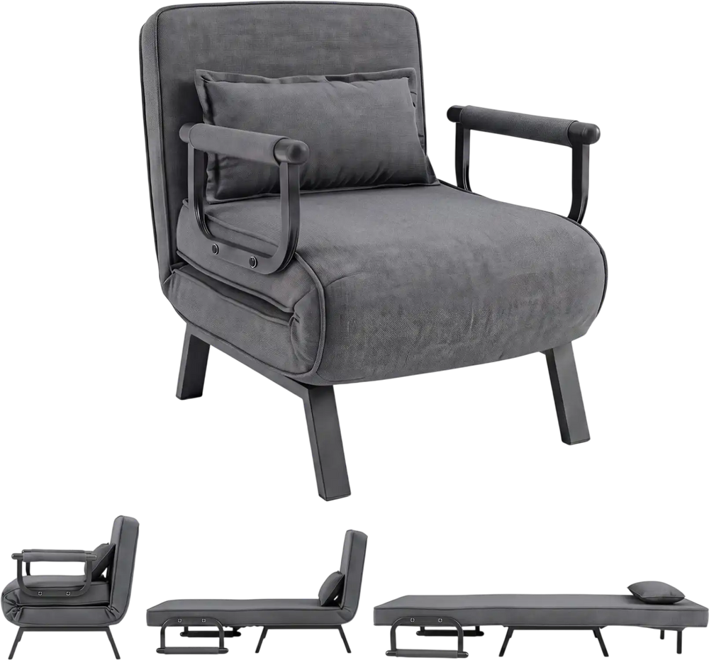 Convertible gray armchair with 6-position adjustable backrest, soft pillow, and sturdy metal frame for versatile use.