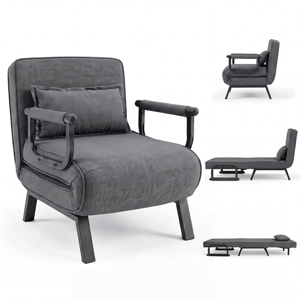Convertible gray armchair with 6 adjustable positions, soft pillow, and sturdy metal frame for versatile seating or sleeping.