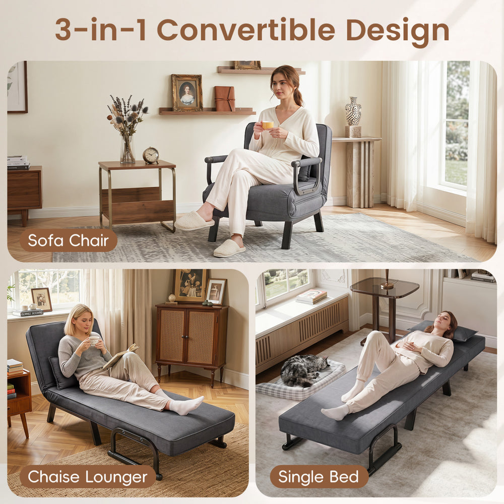 Folding 6-position convertible sleeper bed armchair in gray, ideal for versatile seating or sleeping in any room.