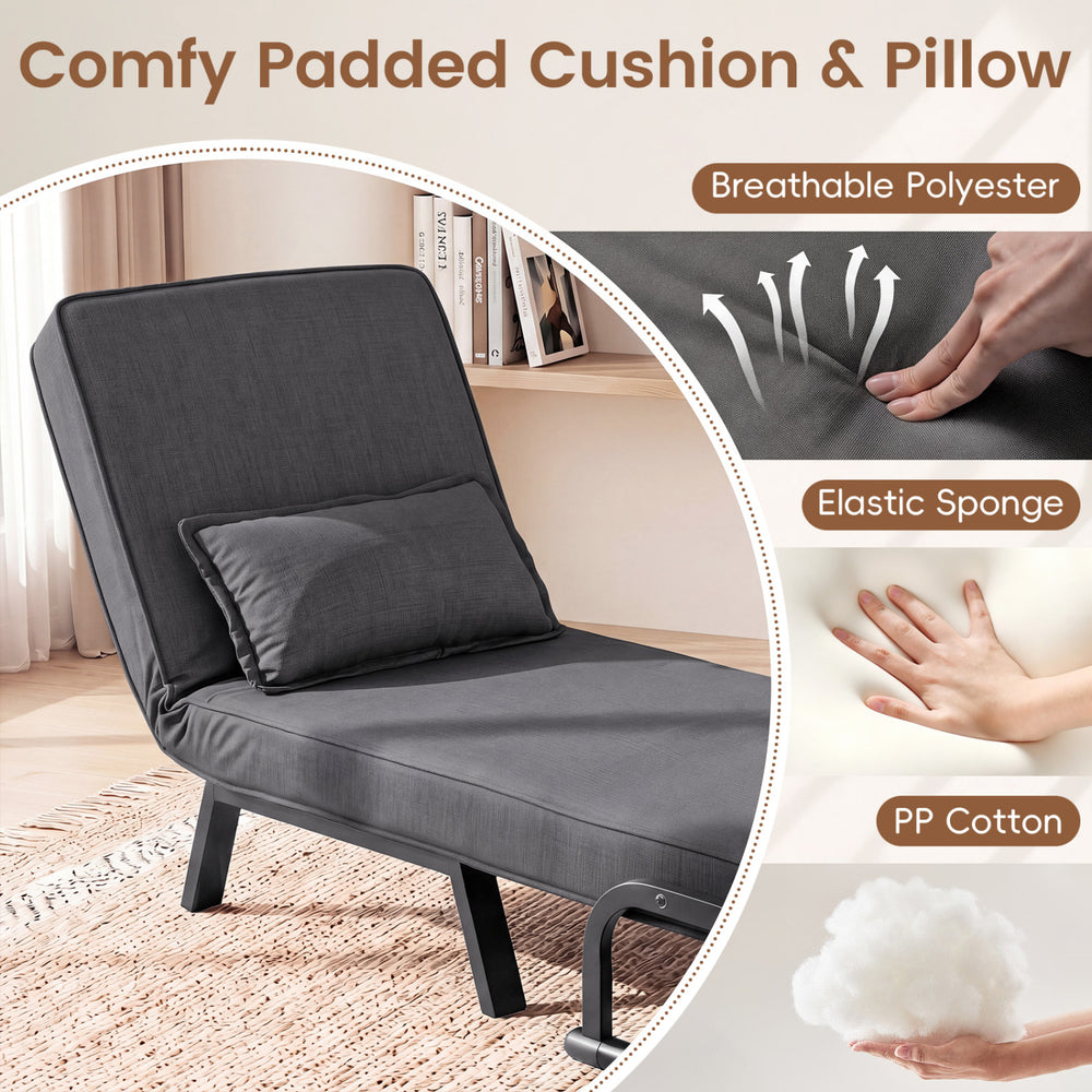 Gray folding convertible sleeper bed armchair with a 6-position adjustable backrest and soft pillow for versatile comfort.