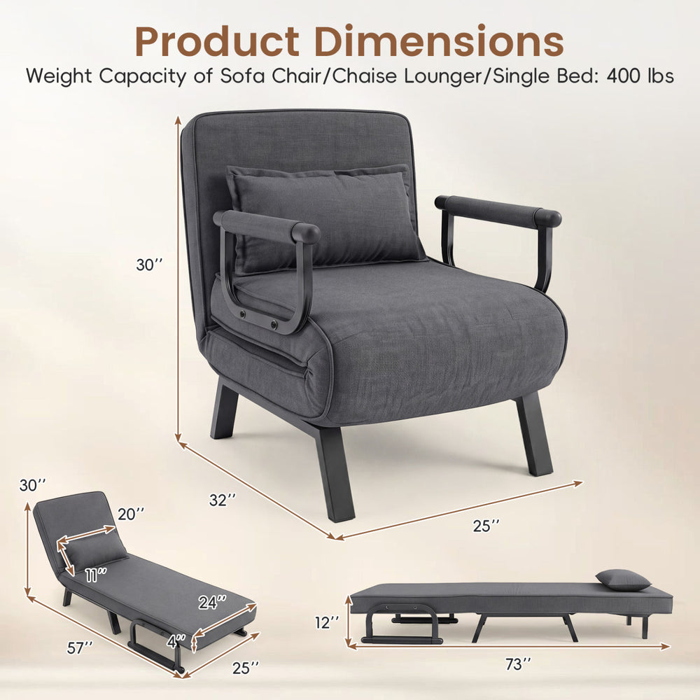 Gray folding armchair with 6-position adjustable backrest, thick cushion, and removable pillow cover for versatile comfort.