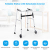 Folding height adjustable walking frame in silver with detachable armrests, designed for stability and easy storage.