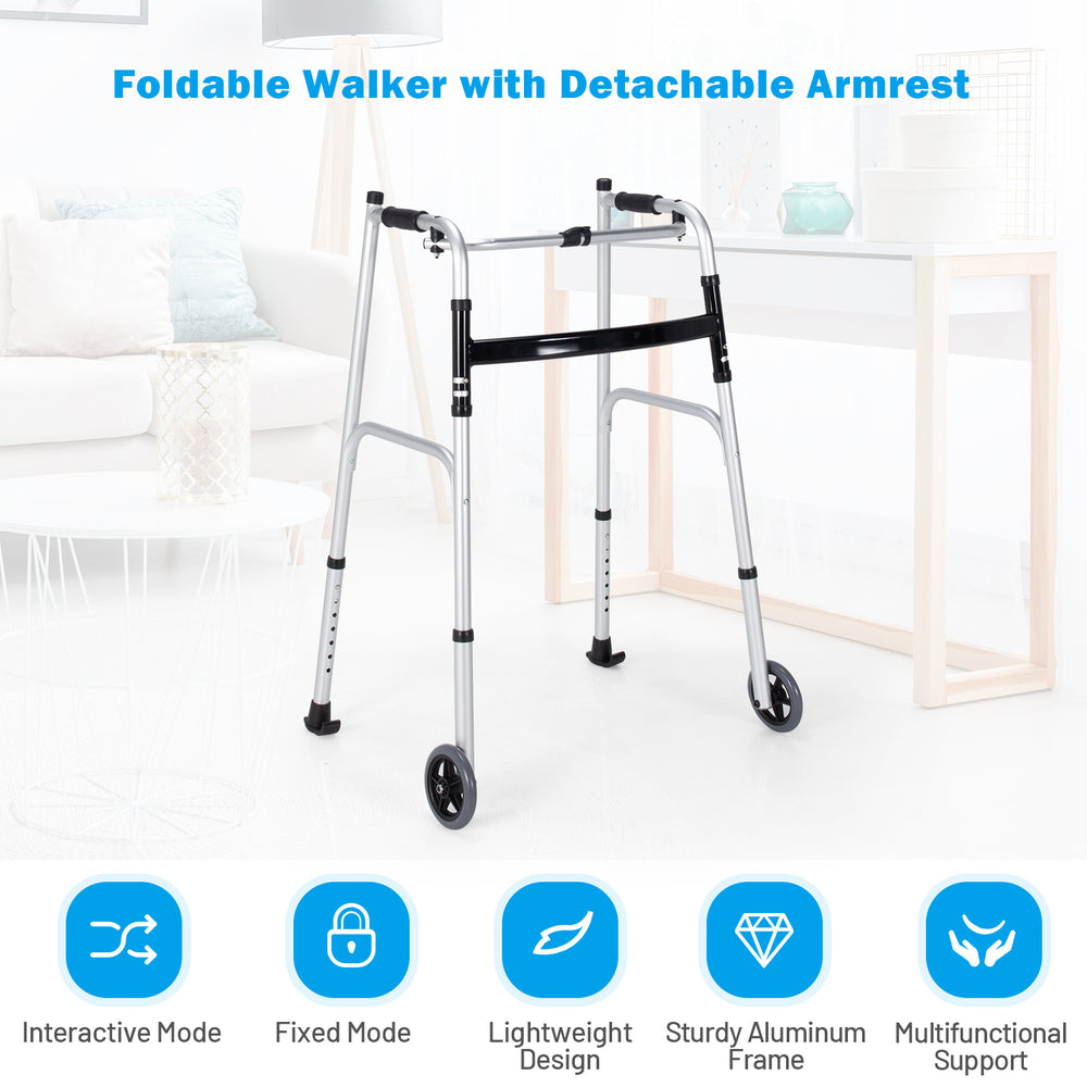 Folding height adjustable walking frame in silver with detachable armrests, designed for stability and easy storage.