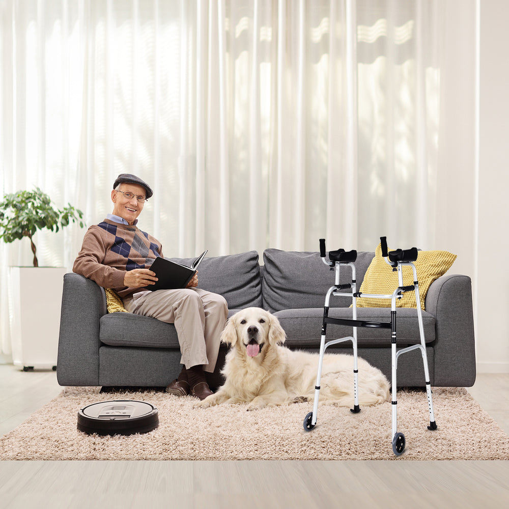 Folding height adjustable walking frame with armrest support, silver, designed for mobility assistance at home.