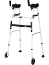 Folding height adjustable walking frame with armrest support in silver, designed for stability and ease of movement.
