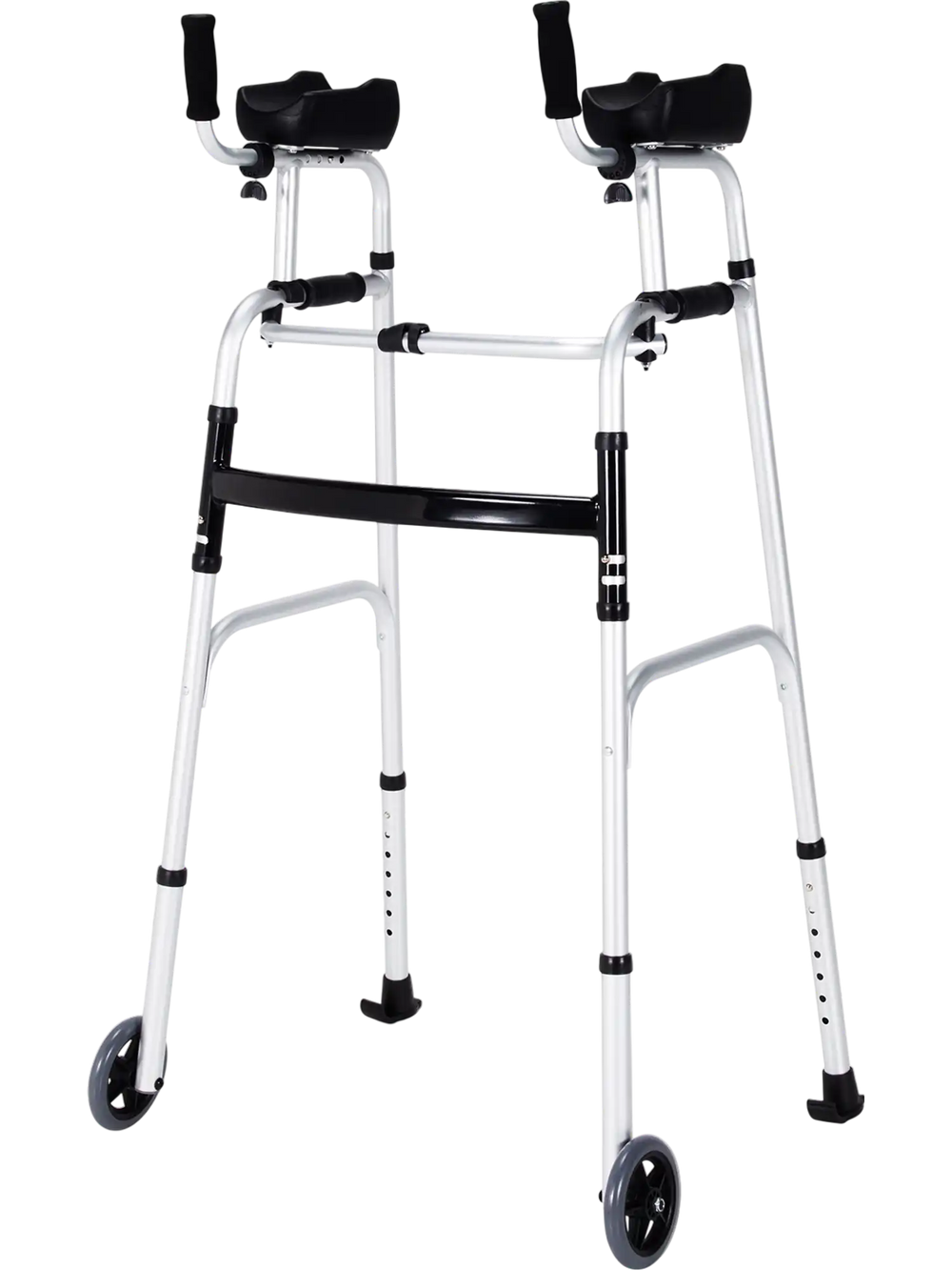 Folding height adjustable walking frame with armrest support in silver, designed for stability and ease of movement.