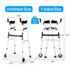 Folding height adjustable walking frame with armrest support, silver, unfolds to 27.5" wide for mobility assistance.