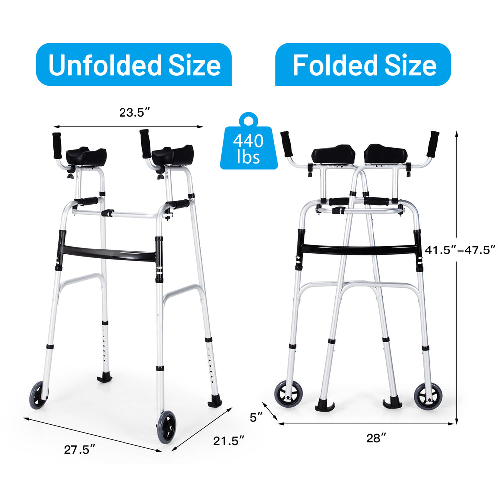Folding height adjustable walking frame with armrest support, silver, unfolds to 27.5" wide for mobility assistance.