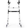 Folding height adjustable walking frame in silver with armrest support, designed for stability and easy mobility.