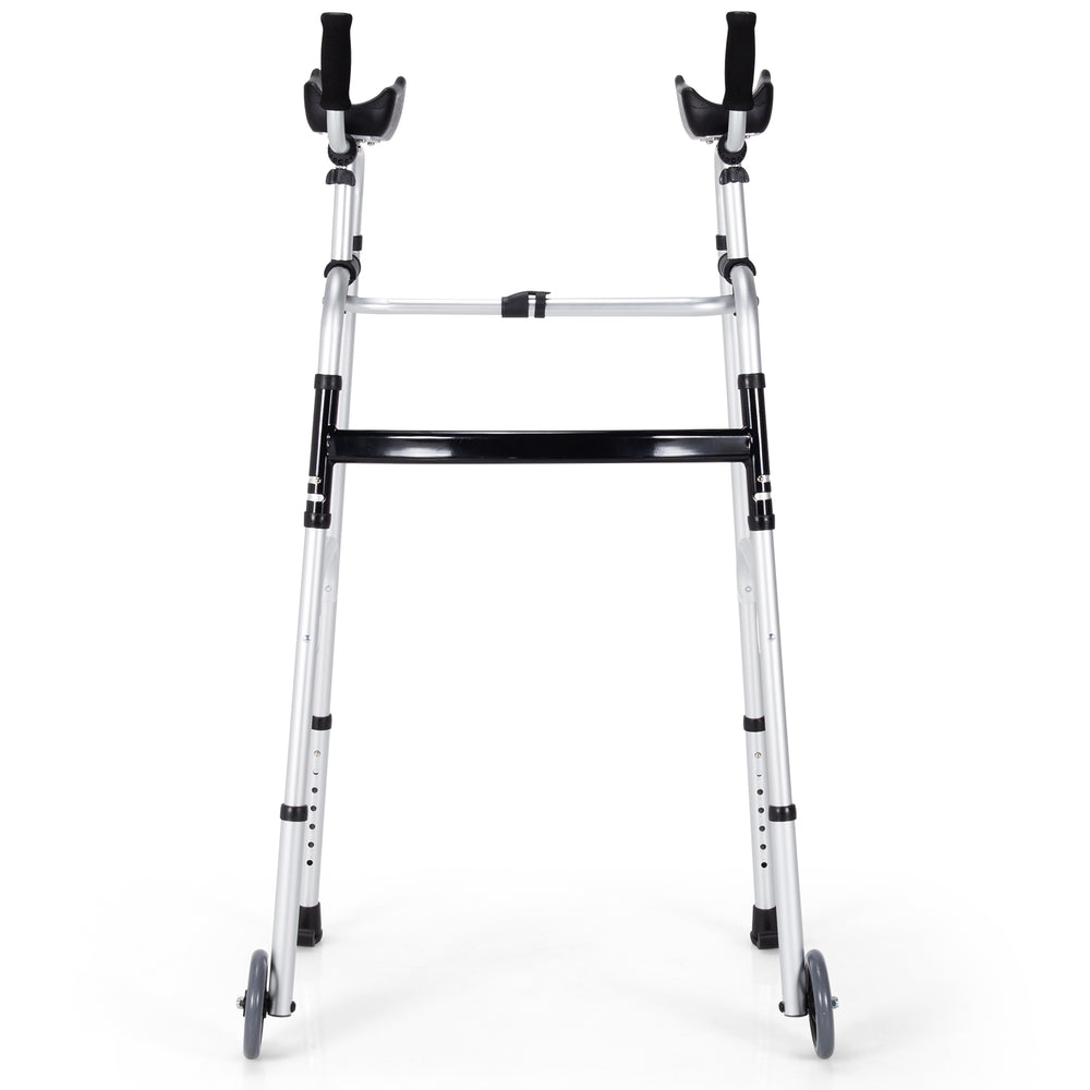 Folding height adjustable walking frame in silver with armrest support, designed for stability and easy mobility.