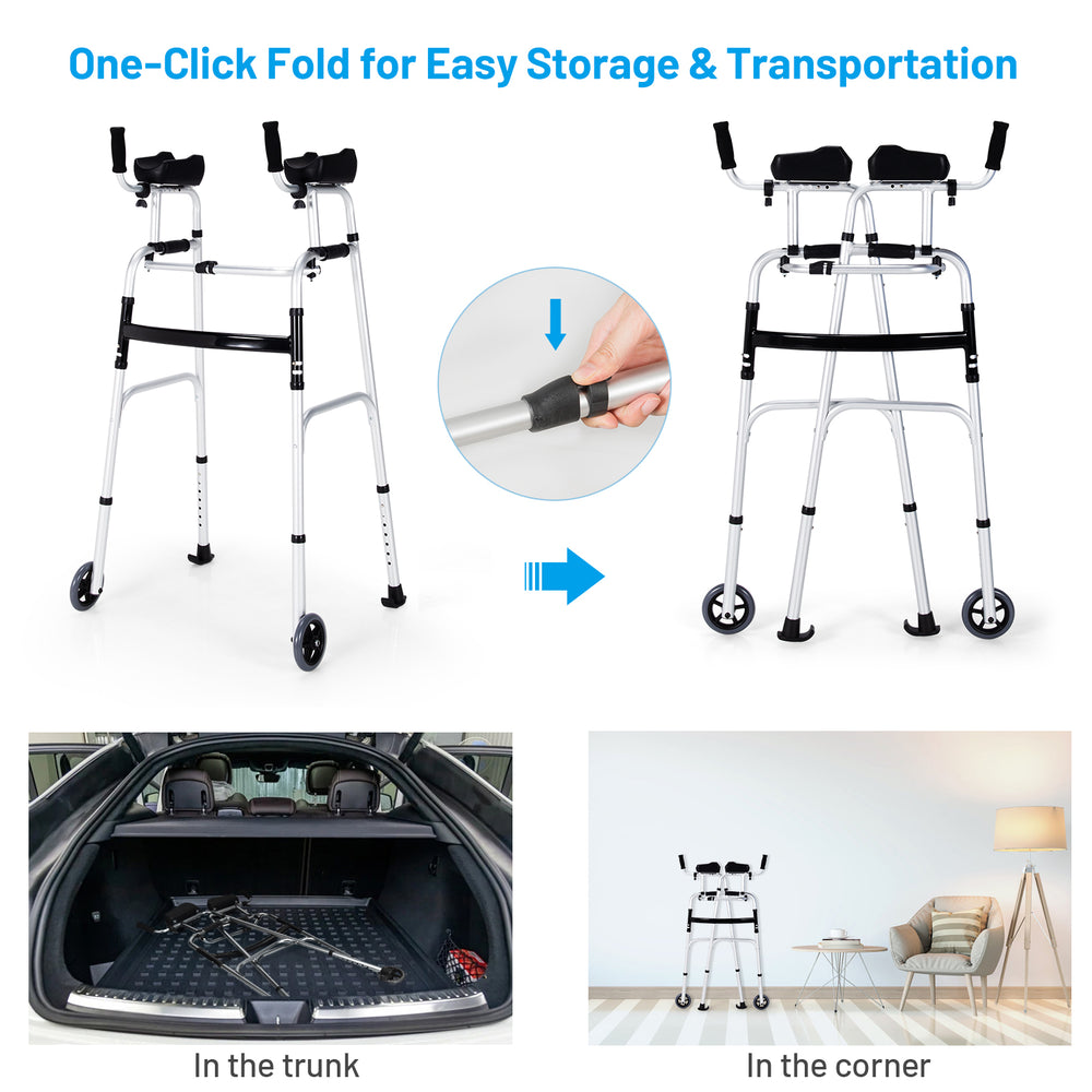 Folding height adjustable walking frame with armrest support, silver, designed for easy storage and transportation.