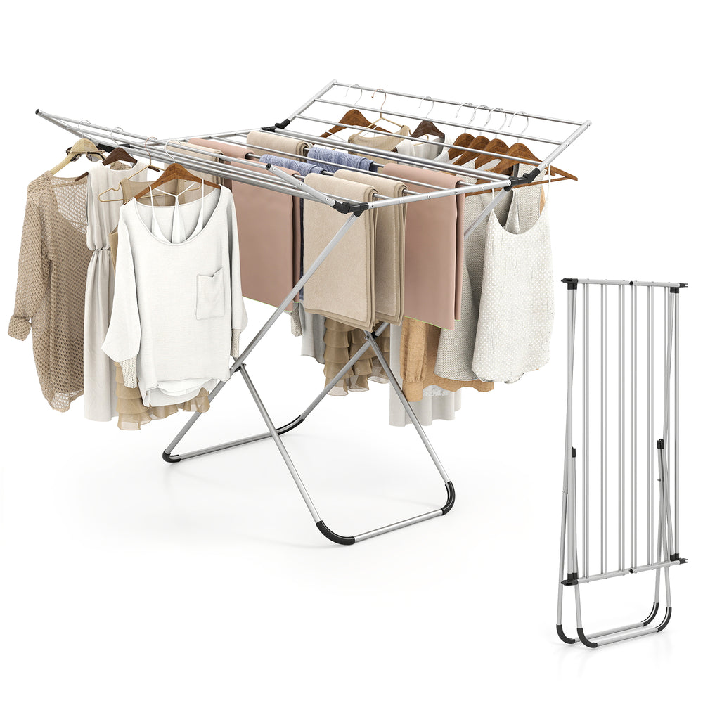 Folding aluminum clothes drying rack with 2 side wings, featuring wide rod spacing for improved airflow and faster.