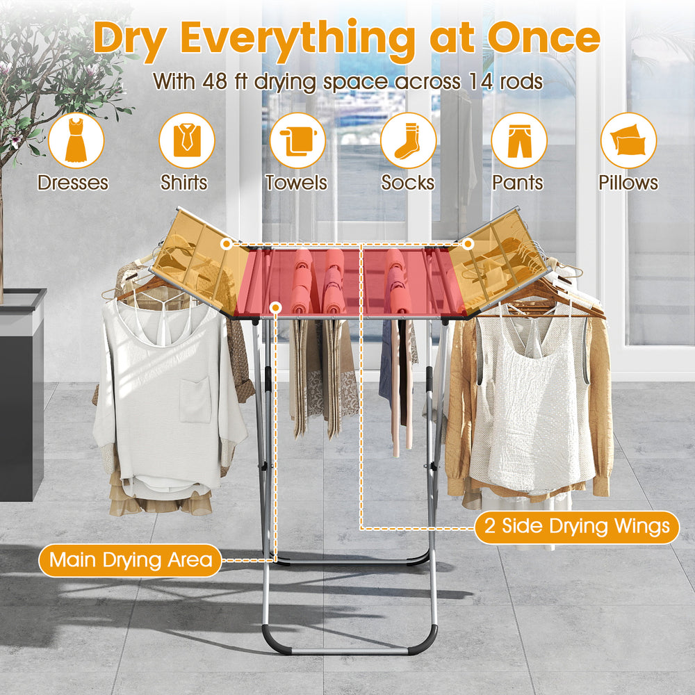 Folding aluminum clothes drying rack with 60 ft capacity and 2 side wings, ideal for indoor and outdoor use.