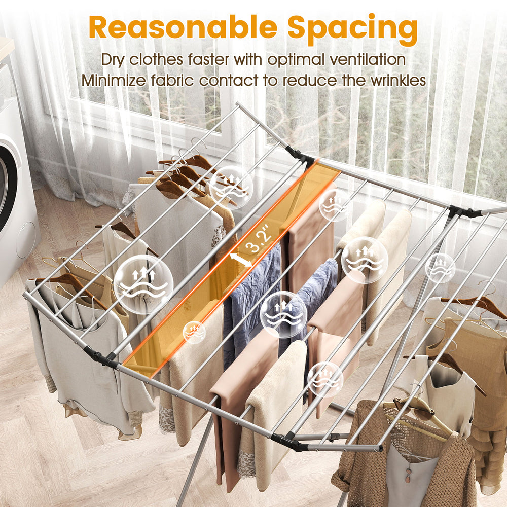 Folding aluminum clothes drying rack with 2 side wings, 60 ft capacity, and wide rod spacing for optimal airflow.