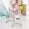 Folding baby dining high chair in gray with adjustable height, recline, and removable tray for easy cleaning.