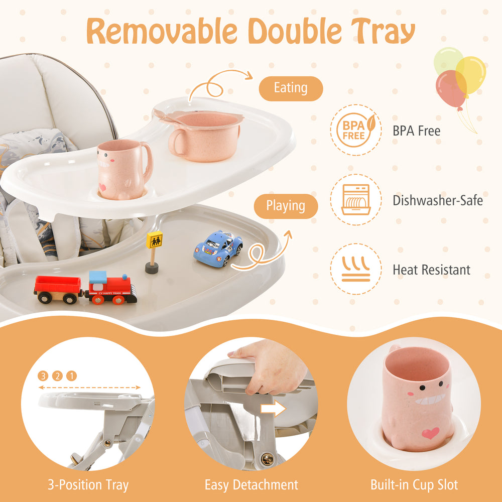 Removable double tray of the gray folding baby dining high chair, BPA-free and dishwasher-safe for easy cleaning.