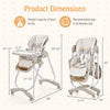 Product dimensions of the gray folding baby dining high chair, featuring adjustable seat height and recline options for.