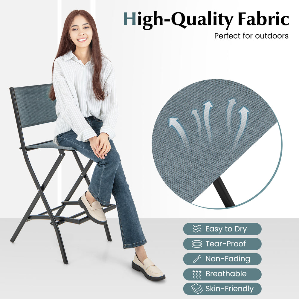 Folding bar stool set with blue high-quality fabric, sturdy metal frame, and practical footrest for outdoor use.