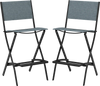 Set of 2 blue folding bar stools with backrest and footrest, featuring a sturdy metal frame for patio or garden use.