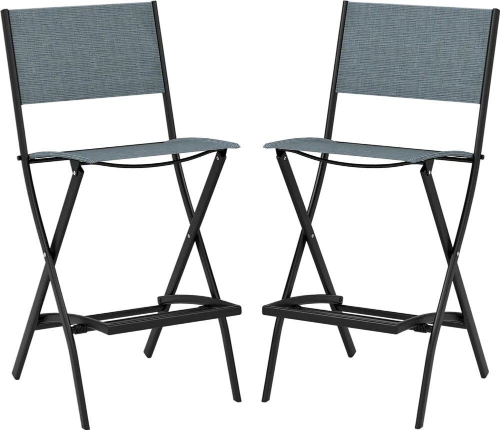 Set of 2 blue folding bar stools with backrest and footrest, featuring a sturdy metal frame for patio or garden use.