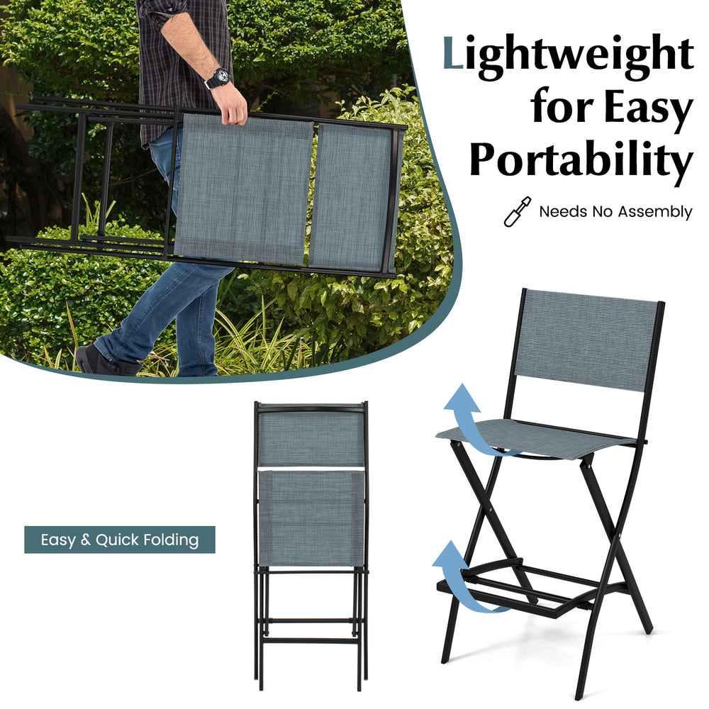 Folding bar stool set of 2 in blue with backrest and footrest, showcasing lightweight design for easy portability.