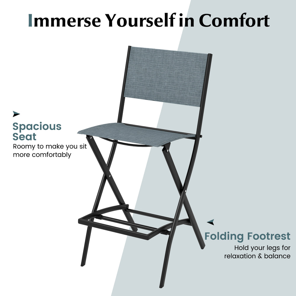 Folding bar stool with backrest and footrest in blue, featuring a sturdy metal frame for patio or garden use.