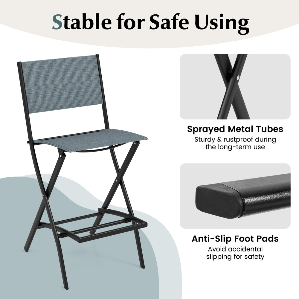 Folding bar stool with backrest in blue, featuring a sturdy metal frame and practical footrest for comfort and support.