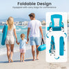 Two portable blue folding beach chairs with padded armrests and carry bags, perfect for outdoor relaxation by the sea.