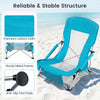 Low seat folding beach chair set in blue with padded armrests, mesh fabric, and anti-slip foot pads for outdoor comfort.