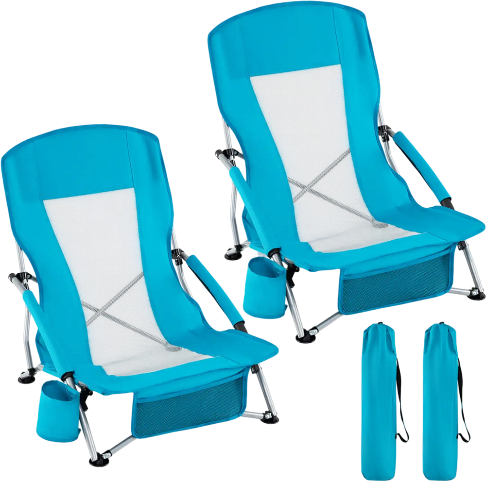 Two blue folding beach chairs with padded armrests and mesh fabric, perfect for camping and picnics.