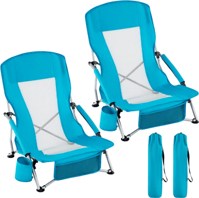 Costway Folding Beach Chairs Set of 2 Portable Lightweight Low Seat w/ Padded Armrests 56592930 New