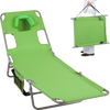 Folding beach lounge chair in lawn-green with adjustable backrest, face hole, and compact fold for easy transport.