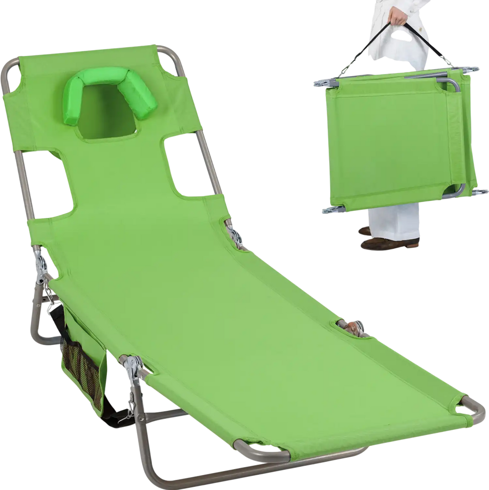 Folding beach lounge chair in lawn-green with adjustable backrest, face hole, and compact fold for easy transport.