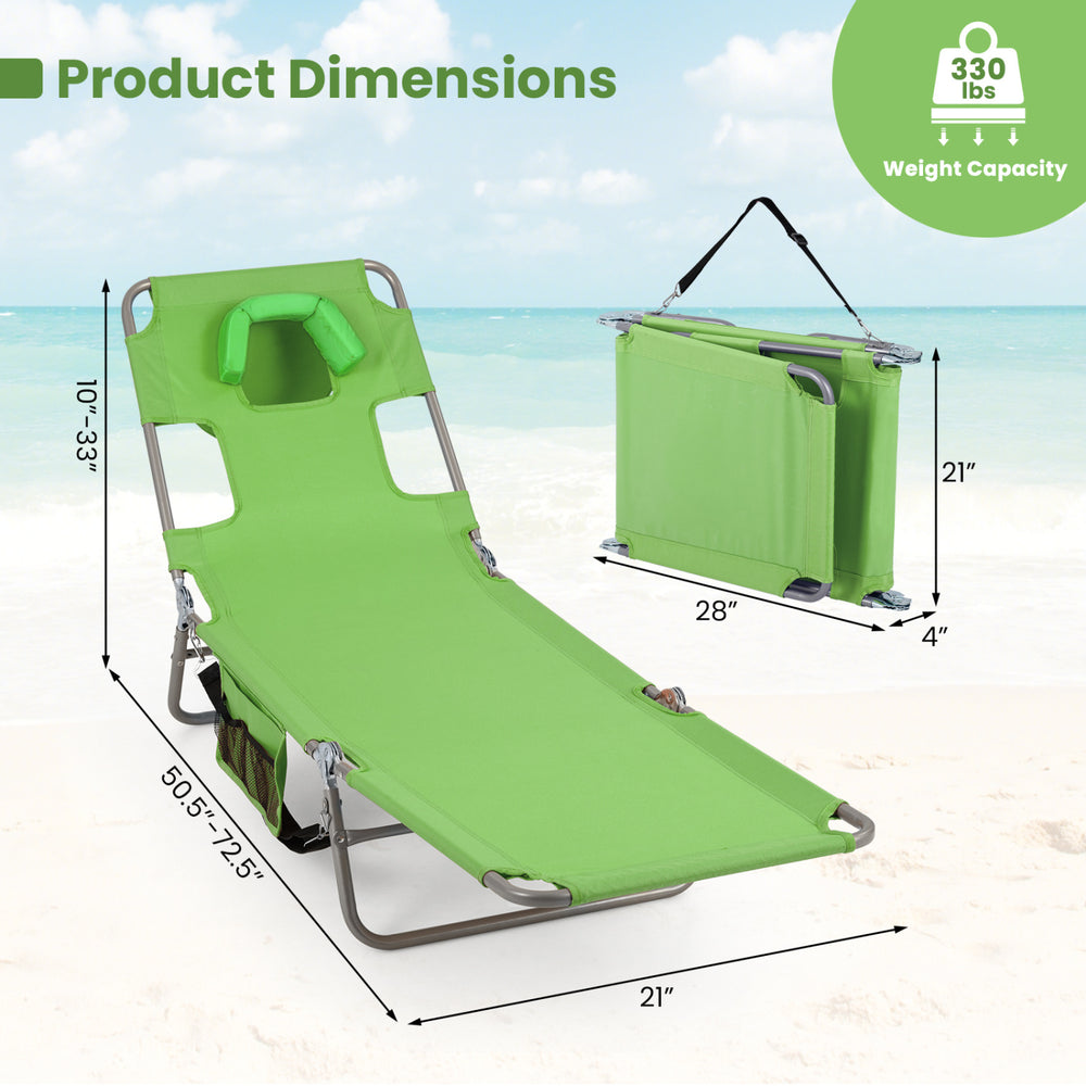 Folding beach lounge chair in lawn-green with adjustable backrest, compact design, and 330 lbs weight capacity for.