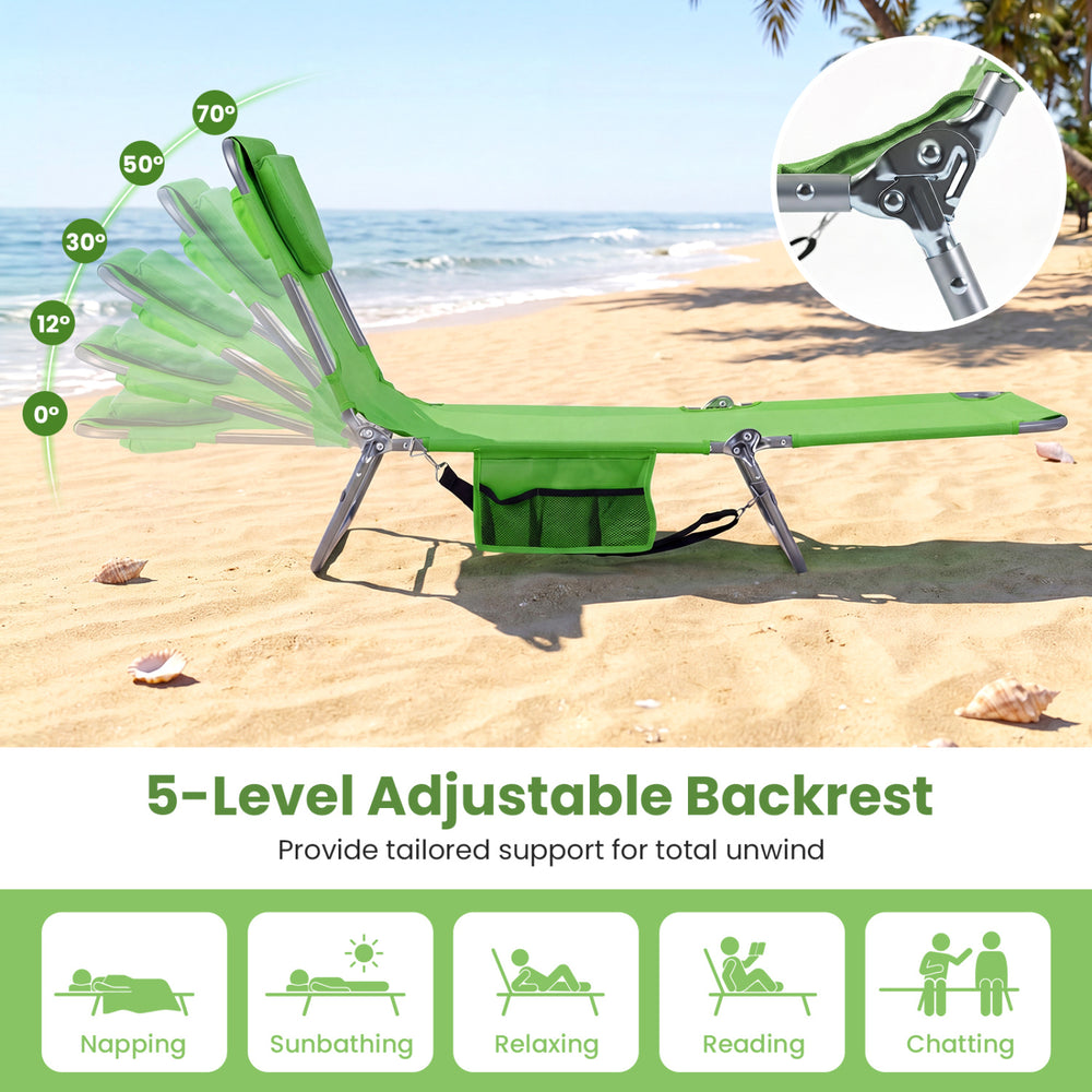 Folding beach lounge chair in lawn-green with 5 adjustable backrest positions for versatile relaxation at the beach.