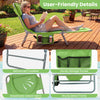 Folding beach lounge chair in lawn-green with adjustable backrest, sturdy metal frame, and handy storage pocket for.